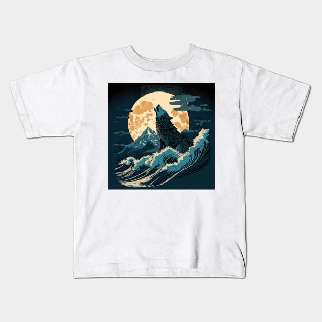 Japanese Wolf and Moon Kids T-Shirt by AstroRisq